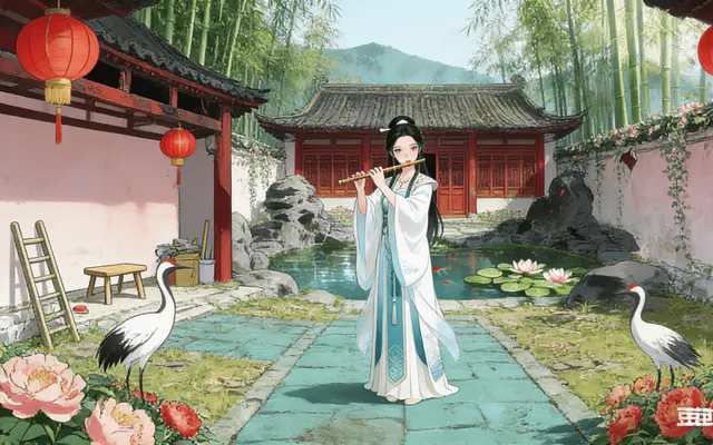 虚漫天工介绍资料中的庭院人物场景示意